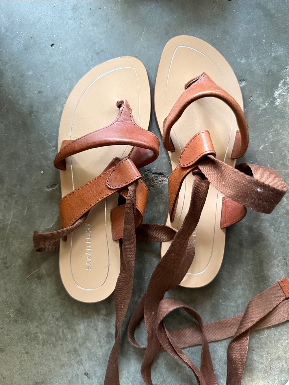 Sarah Flint Tan Leather Wrap Sandals with Brown Ties